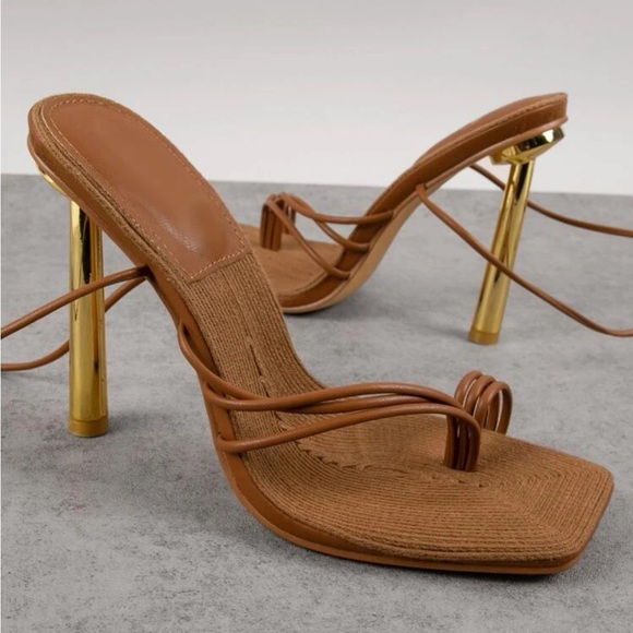 Strappy brown heels. NEVER WORN - Picture 1 of 2